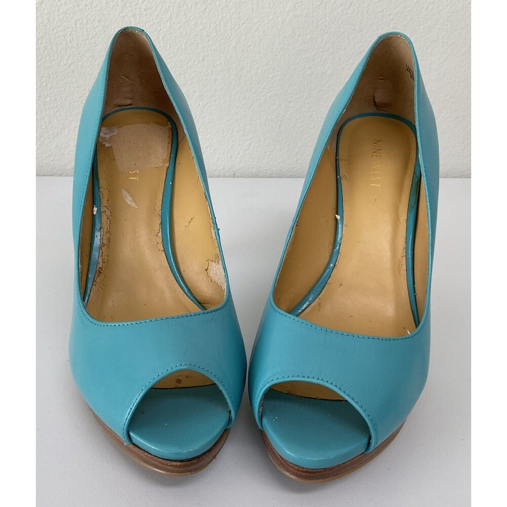 Nine West Danee Peep Toe Teal Platform Pump Leather US 7.5 M Pin Up Stiletto - Picture 4 of 8